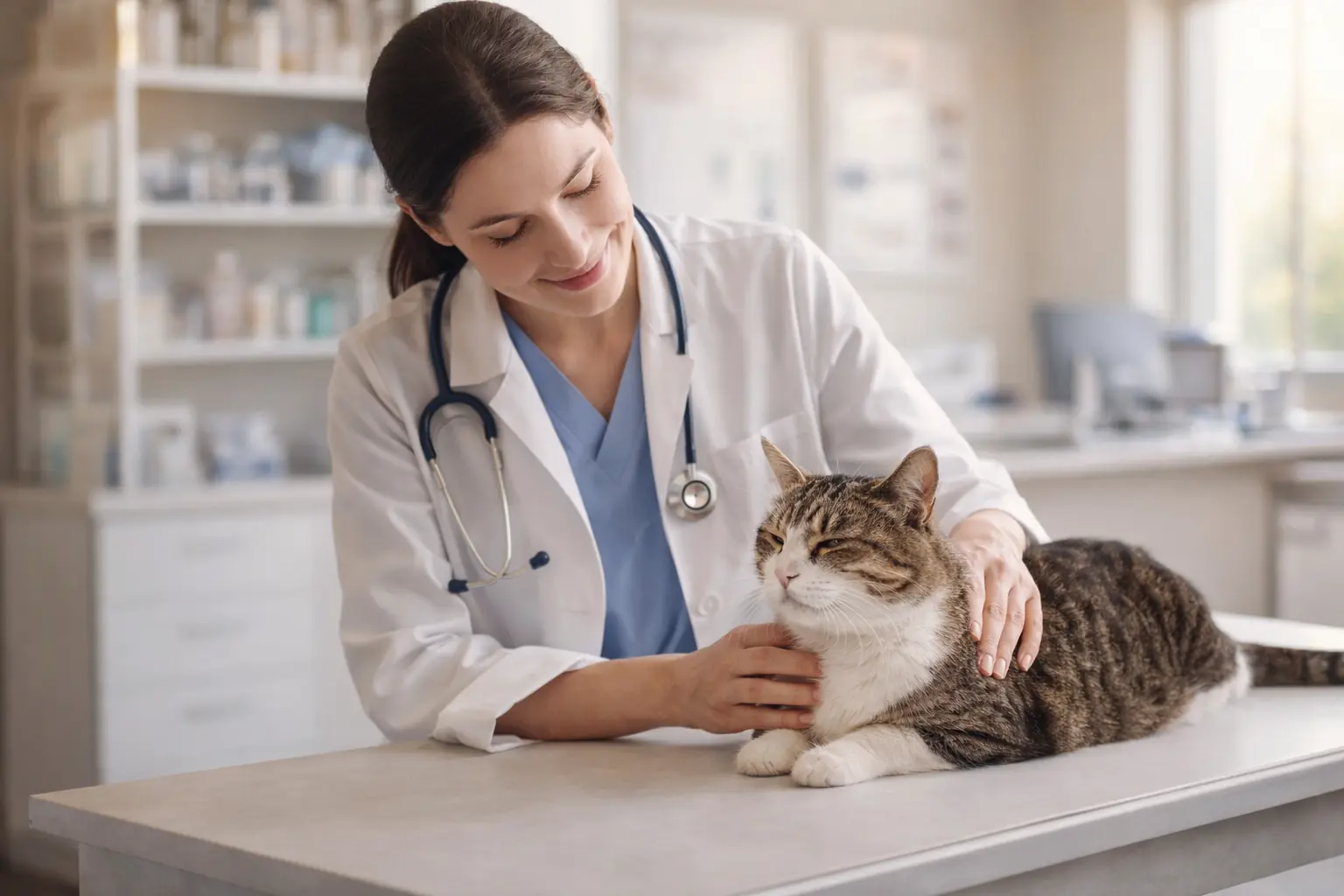 veterinarian examining a cat for constipation symptoms