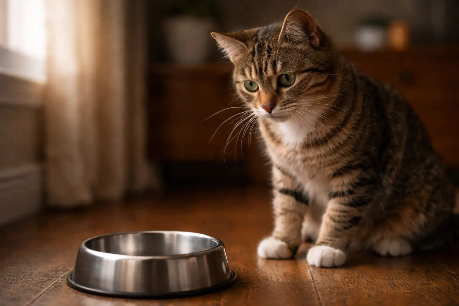 Hungry cat meowing at night for food