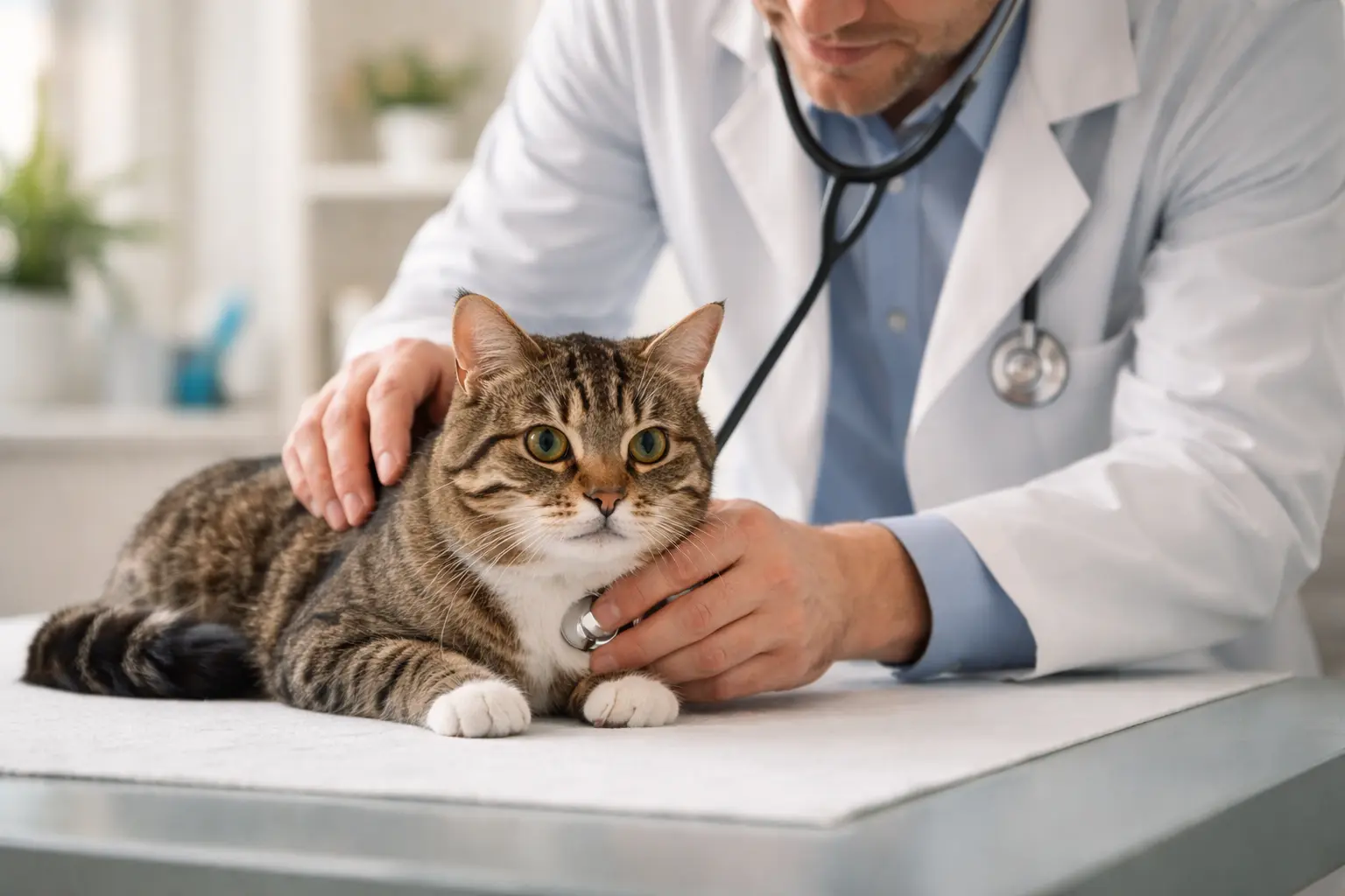 Veterinarian checking a cat with excessive meowing
