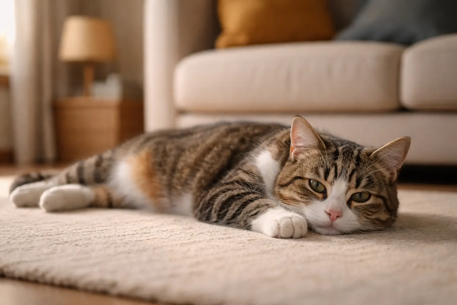 Bored indoor cat lying down with no interest in playing