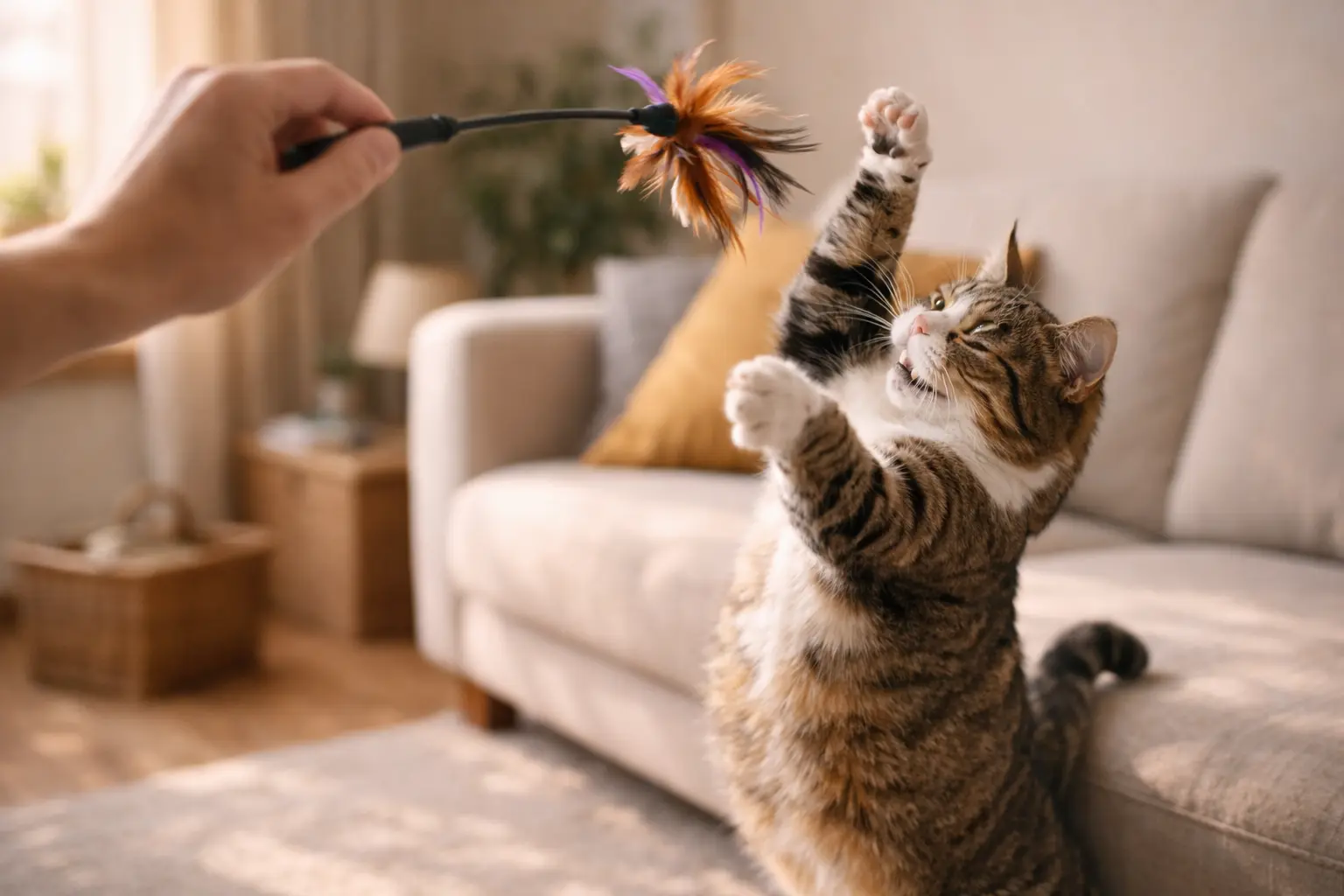 Owner playing with a cat using an interactive feather toy