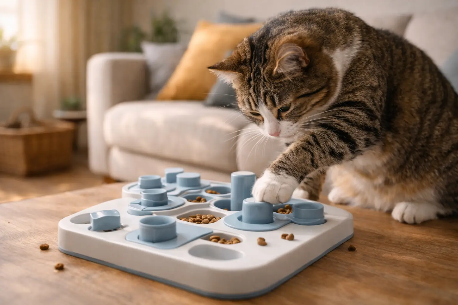 Cat using a puzzle feeder toy for mental stimulation