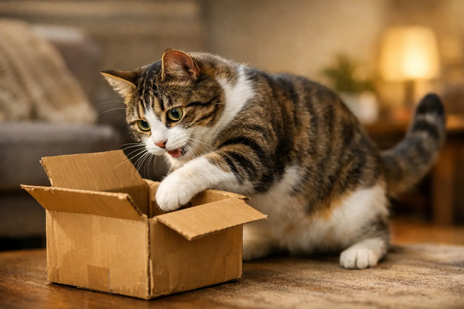 Cat playing with a homemade DIY cardboard toy