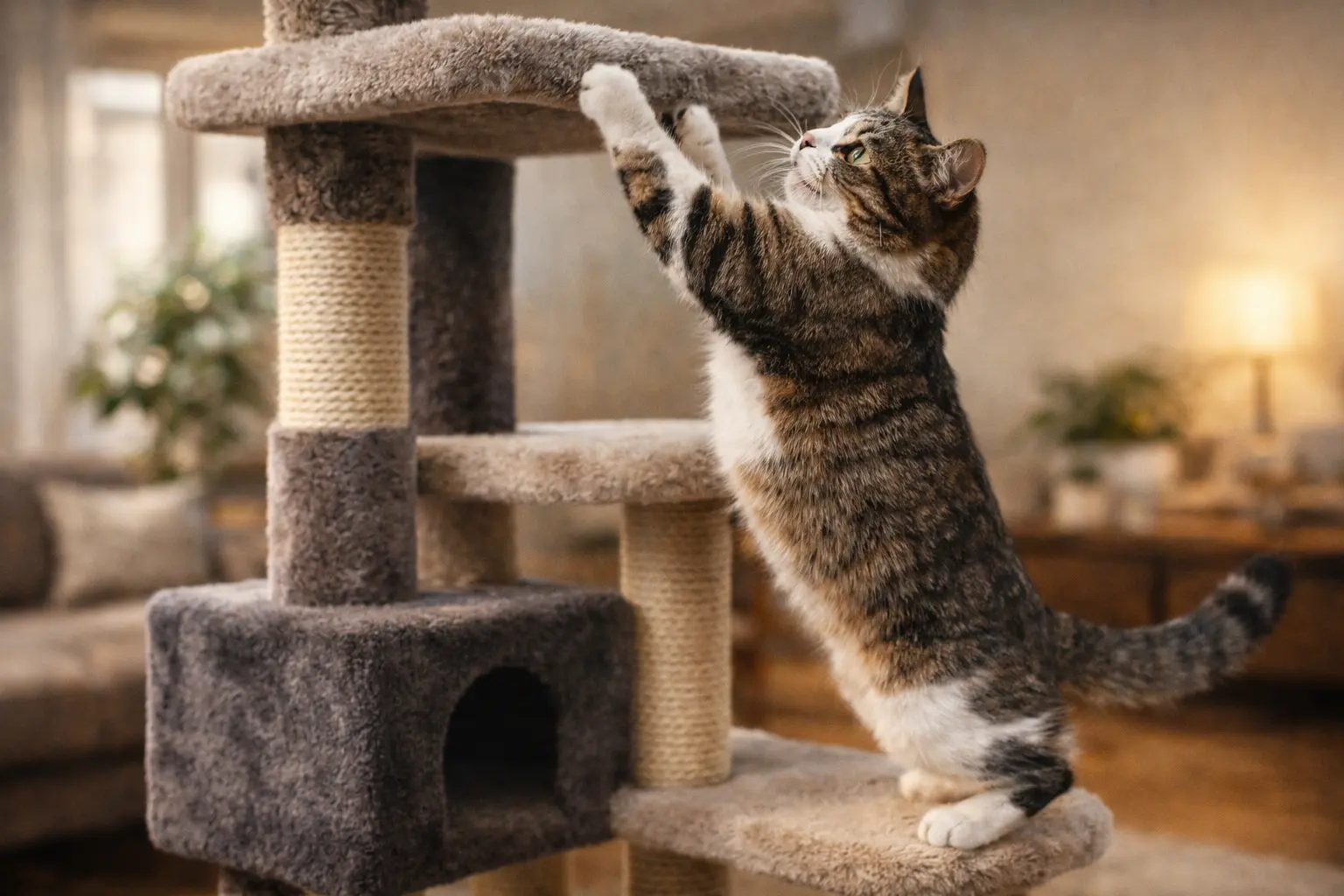 Cat climbing a multi-level cat tree indoors