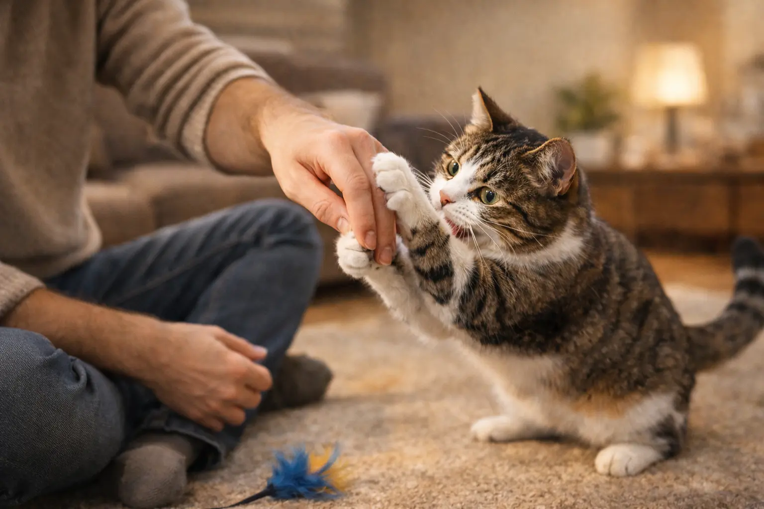 Daily interactive playtime between owner and cat