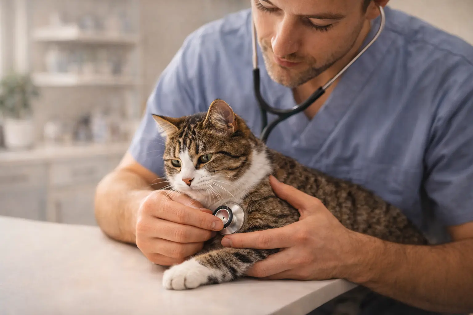 Veterinarian examining a cat for behavioral concerns