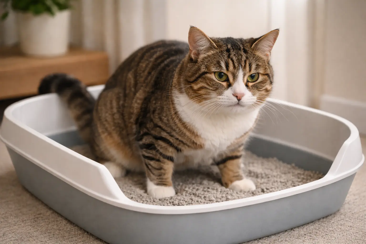 Cat straining in the litter box, a common sign of constipation