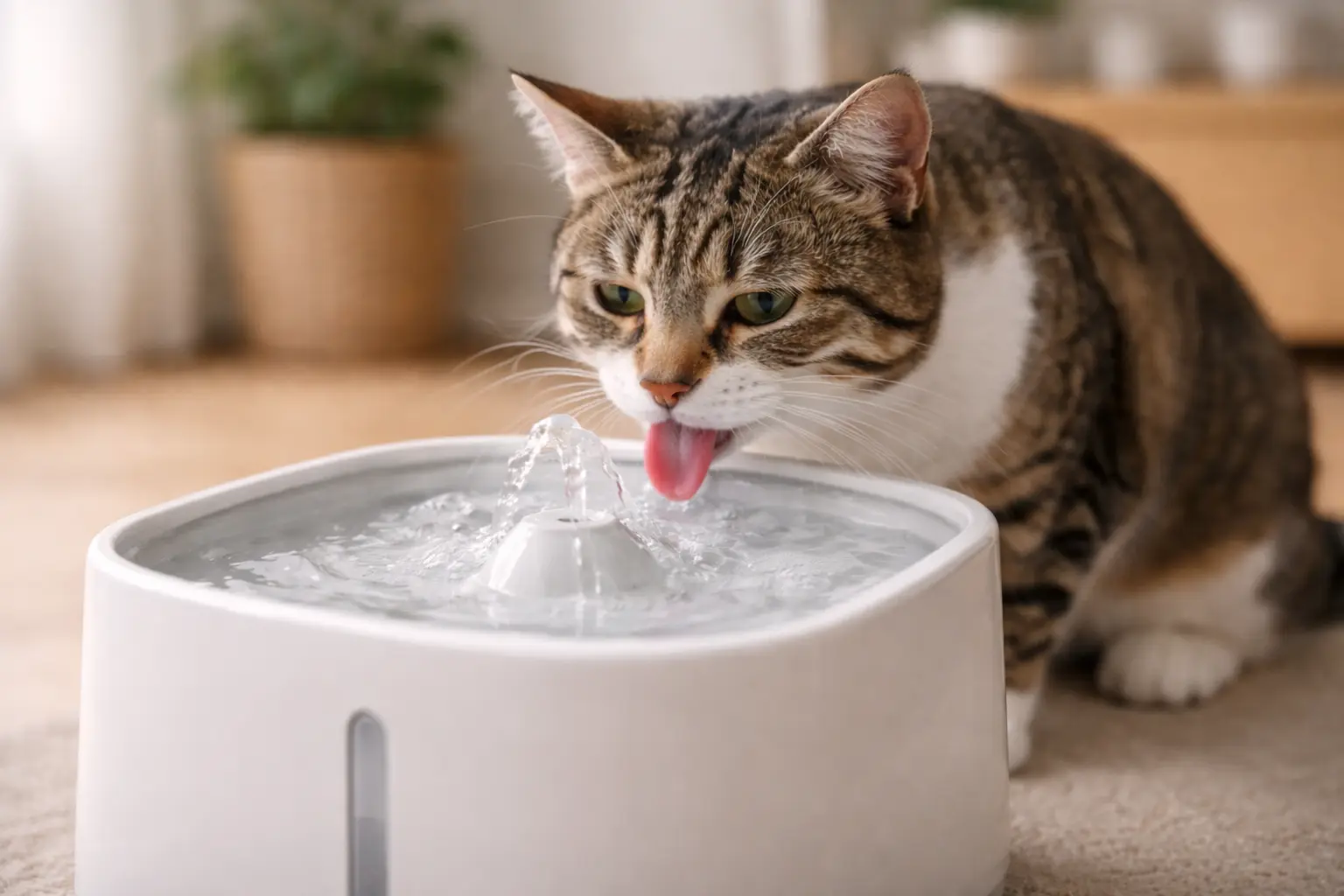 Cat drinking water from a pet fountain to improve hydration