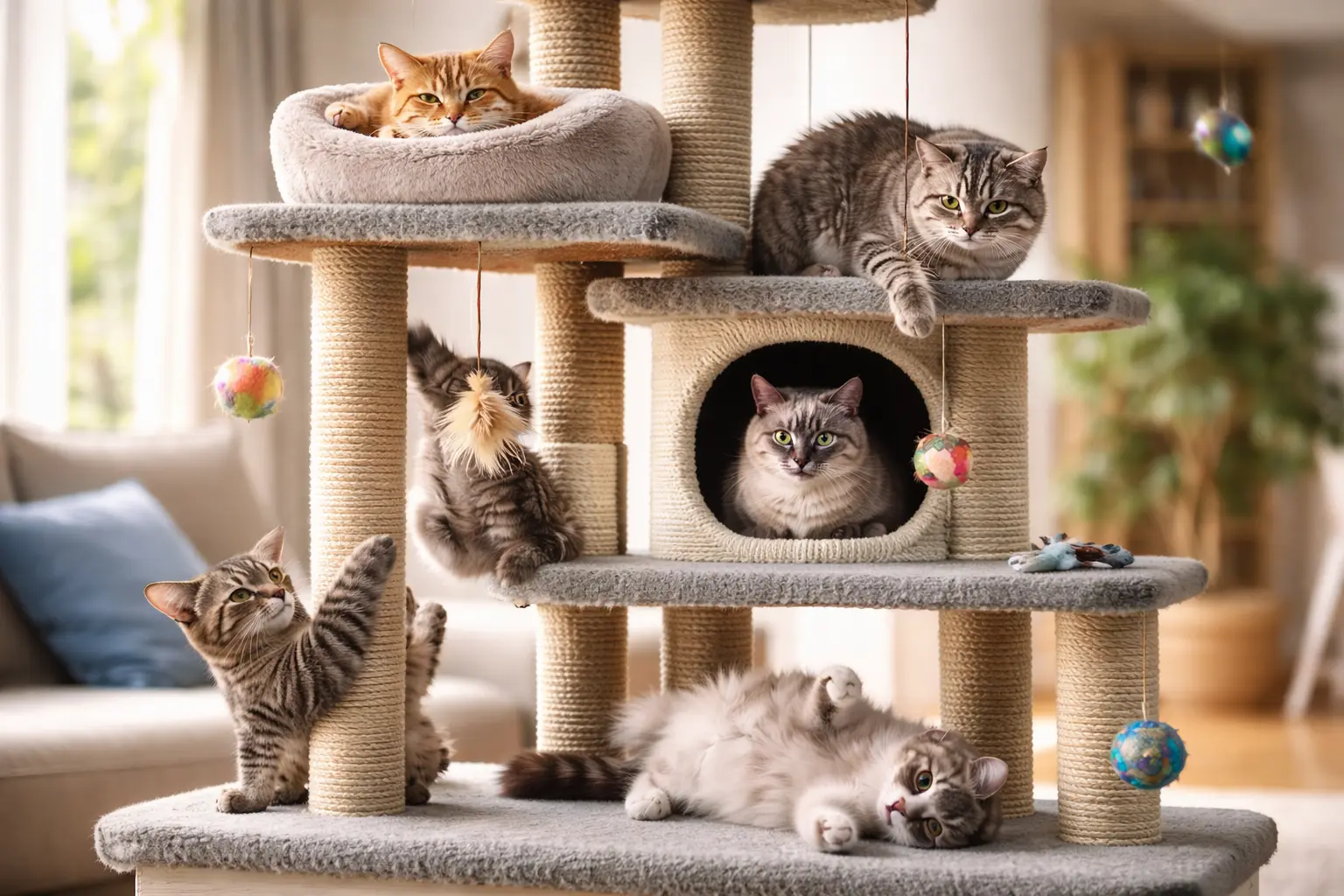 Cat-friendly home environment with cat tree, toys, and vertical spaces