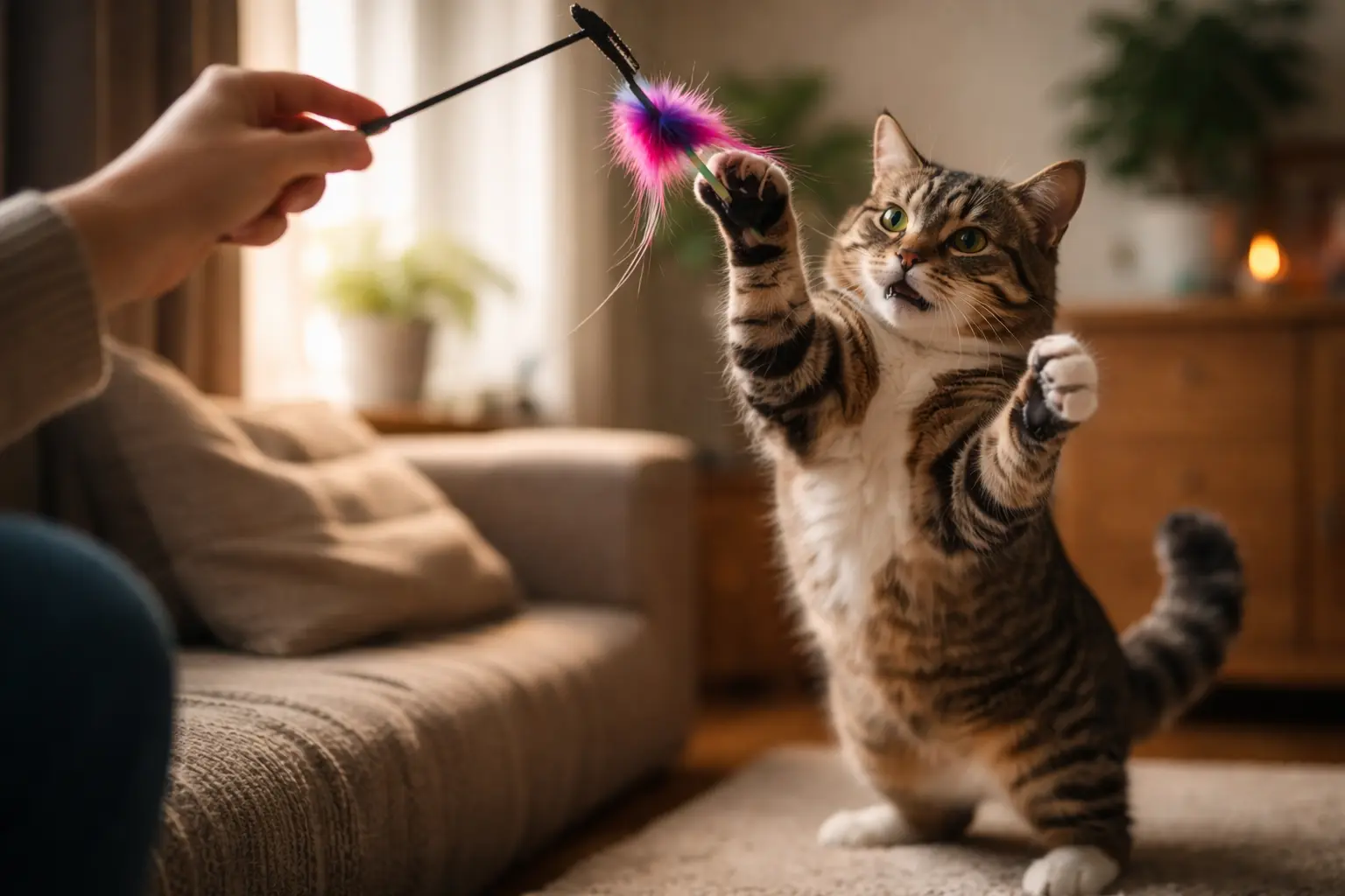 interactive play between cat and owner using toy